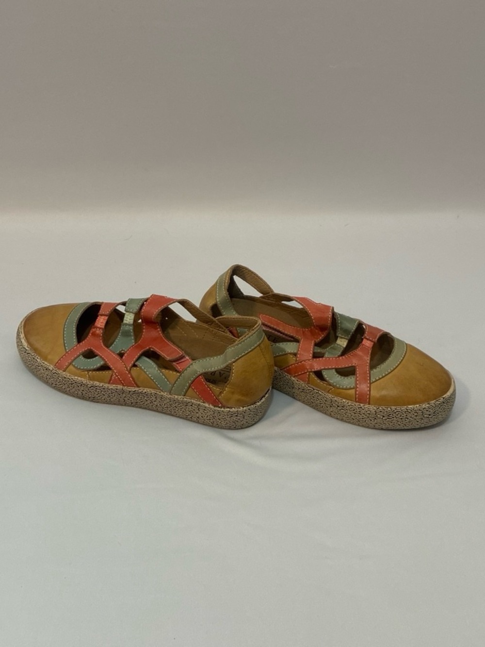 Spring Step Multicolor Leather Strappy Sandals — Tan, Coral & Olive